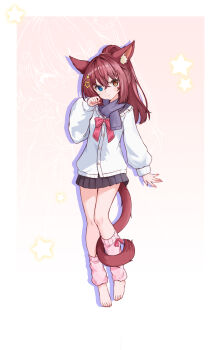Rule 34 | 1girl, absurdres, animal ears, barefoot, between legs, black skirt, blue eyes, breasts, brown eyes, cat ears, cat girl, cat tail, closed mouth, commentary request, eyebrows hidden by hair, facial tattoo, full body, hair between eyes, hair ornament, hairclip, highres, looking at viewer, loose socks, medium hair, original, ponytail, purple scarf, red hair, scarf, school uniform, skirt, small breasts, socks, solo, star-shaped pupils, star (symbol), sweater, symbol-shaped pupils, tail, tail between legs, tattoo, tiptoes, toes, white sweater, ze zhi ai