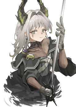 Rule 34 | 1girl, absurdres, arknights, black bodystocking, black dress, collarbone, commentary, covered collarbone, cross, cross earrings, cross scar, dress, earrings, gloves, green eyes, grey gloves, grey hair, hair intakes, head wings, highres, irene (arknights), irene (the adjudicatrix and her resolve) (arknights), jewelry, latin cross, long hair, looking at viewer, northernw, rapier, scar, scar across eye, scar on face, simple background, smile, solo, sword, symbol-only commentary, turtleneck, upper body, weapon, white background, wings