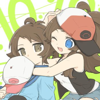 Rule 34 | 1boy, 1girl, baseball cap, blue eyes, blue jacket, brown eyes, brown hair, chiyo408, denim, denim shorts, hat, headwear switch, hilbert (pokemon), hilda (pokemon), jacket, nintendo, one eye closed, pokemon, pokemon bw, shirt, shorts, sleeveless, sleeveless shirt, smile