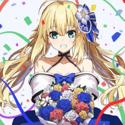 Rule 34 | 1girl, alternate costume, artoria caster (fate), artoria pendragon (fate), bare shoulders, blonde hair, blue ribbon, blue skirt, blush, bouquet, collarbone, commentary request, confetti, fate/grand order, fate (series), flower, green eyes, hair flower, hair ornament, hair ribbon, holding, holding bouquet, long hair, neko daruma, open mouth, purple flower, red flower, red rose, ribbon, rose, shirt, skirt, smile, solo, twintails, very long hair, white background, white flower, white rose, white shirt