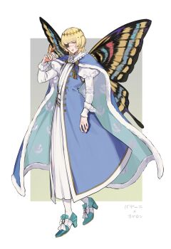 Rule 34 | 1boy, arthropod boy, badeni, blonde hair, blue eyes, bug, butterfly, butterfly on hand, butterfly wings, cape, chi.: chikyuu no undou ni tsuite, commentary request, cosplay, crown, diamond hairband, eyepatch, fate/grand order, fate (series), full body, fur-trimmed cape, fur trim, highres, insect, insect wings, long sleeves, looking at viewer, male focus, medium hair, oberon (fate), oberon (fate) (cosplay), sakitsu, scar, scar on face, scar on mouth, scar on nose, shirt, solo, standing, tunic, wings