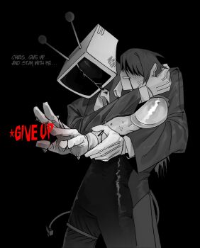 1boy 1other absurdres anger_vein ant_tenna armor bodysuit cracked_screen crt deltarune electric_plug electric_plug_tail english_text gloves greyscale highres hug kris_(dark_world)_(deltarune) kris_(deltarune) monochrome object_head parted_lips pebbiso_ii radio_antenna short_hair sweat tail tail_wrap tailcoat utdr_(toby_fox)