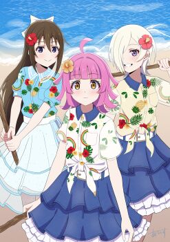 3girls absurdres ahoge beach blue_eyes blue_shirt blue_skirt blunt_bangs blunt_ends blush bow brown_hair closed_mouth collared_shirt commentary_request cowboy_shot dress_shirt floral_print flower frilled_skirt frills grey_hair grin hair_between_eyes hair_bow hair_flower hair_ornament hair_over_one_eye half_updo hawaiian_shirt highres holding holding_stick ice_compass0610 kishimen_hair light_smile long_hair looking_at_viewer love_live! love_live!_nijigasaki_high_school_idol_club medium_hair mia_taylor multiple_girls orange_flower osaka_shizuku outdoors pineapple_print pink_flower pink_hair print_shirt purple_eyes rainbow_print red_flower see-through_skirt_layer shirt short_hair short_sleeves sidelocks skirt smile split_mouth standing stick tennoji_rina tied_shirt white_bow white_shirt white_skirt yellow_eyes yellow_shirt