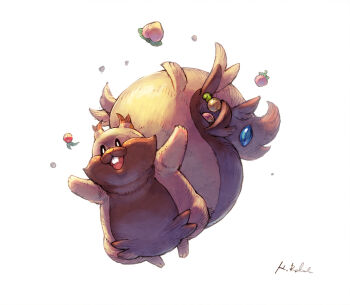 :3 animal_focus berry_(pokemon) buck_teeth coba_berry commentary_request food fruit full_body gen_8_pokemon greedent hashibi_rokou leppa_berry nintendo no_humans open_mouth outstretched_arms pecha_berry pokemon pokemon_(creature) pokemon_focus shuca_berry signature simple_background smile solo spread_arms teeth white_background