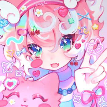 1girl animal aqua_eyes cat cloud_(lufaeris) commentary english_commentary fang hair_between_eyes hair_ornament hairclip head_wings heart heart_hair_ornament highres long_hair looking_at_viewer open_mouth original pink_cat pink_hair portrait skin_fang smile solo v wings x_hair_ornament