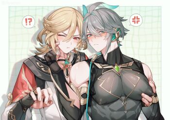 !? 2boys :t alhaitham_(genshin_impact) alpaitham aqua_eyes aqua_hair black_gloves black_shirt blonde_hair blush border closed_mouth earrings feather_hair_ornament feathers fingerless_gloves gem genshin_impact gloves gold_trim green_gemstone grey_hair hair_between_eyes hair_ornament jewelry kaveh_(genshin_impact) male_focus multicolored_hair multiple_boys nipples one_eye_closed red_eyes shirt short_hair simple_background streaked_hair white_border white_hair white_shirt yaoi