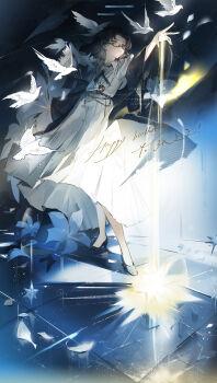 Rule 34 | 1girl, bird, black-framed eyewear, black hair, black jacket, black ribbon, black shoes, commission, dove, dress, full body, glasses, grey eyes, high heels, highres, jacket, long sleeves, neck ribbon, open clothes, open jacket, original, outstretched arm, parted bangs, parted lips, ribbon, shoes, short hair, solo, standing, watermark, white dress, wide sleeves, zeriko