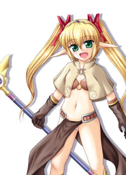 1girl 2000s_(style) bikini bikini_top_only blonde_hair breasts brown_bikini brown_capelet brown_gloves capelet commentary_request cowboy_shot gloves green_eyes hair_ribbon holding holding_staff long_hair long_pointy_ears looking_at_viewer mage_(ragnarok_online) midriff nagumo_yuuki navel open_mouth panties pantyshot pelvic_curtain pointy_ears ragnarok_online red_ribbon ribbon simple_background small_breasts smile solo staff swimsuit twintails underwear white_background white_panties