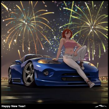 1girl absurdres arhentol black_border blush border breasts brown_eyes brown_hair camisole car cleavage collarbone commentary crop_top denim dodge_(company) dodge_viper english_commentary fireworks happy_new_year highres jeans large_breasts looking_at_viewer midriff motor_vehicle navel new_year on_car original pants pink_camisole purple_shoes raelyn_cunningham_(arhentol) shadow shoes short_hair sitting smile sneakers solo spoiler_(automobile) sports_car vehicle_focus white_pants