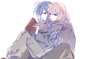 Rule 34 | 2girls, bang dream!, bang dream! it&#039;s mygo!!!!!, blonde hair, blue hair, blush, book, chinese commentary, commentary request, grey pants, grey shirt, hair between eyes, highres, holding, holding book, hug, hug from behind, jilanzhijing, long hair, medium hair, misumi uika, multiple girls, orange eyes, pajamas, pants, purple eyes, shirt, sidelocks, simple background, sitting, togawa sakiko, transparent background, yuri
