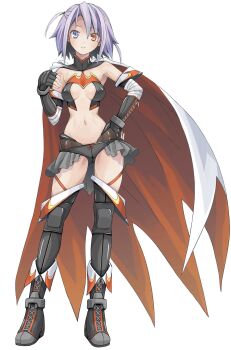 1girl armpits bare_shoulders boots bow breasts cape female_focus fingerless_gloves gloves hand_on_own_hip heterochromia highres looking_at_viewer midriff navel official_art one_side_up parted_lips pop purple_eyes purple_hair red_eyes ring_dream short_hair solo urara_shizuku wrestling_outfit