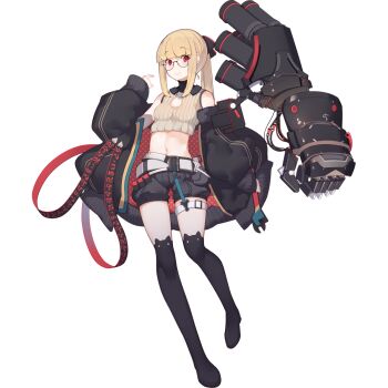 1girl aqua_belt artist_request bare_shoulders belt black-framed_eyewear black_boots black_coat black_collar black_ribbon black_shorts black_sleeves blonde_hair blunt_bangs blush boots cat_ear_footwear chilino_(final_gear) clenched_hand closed_mouth coat collar cropped_sweater final_gear full_body glasses hair_ribbon highres holding holding_wrench leg_belt leg_up lone_nape_hair long_sidelocks looking_at_viewer mechanical_arms mechanical_hands midriff navel official_art polka_dot polka_dot_coat ponytail puffy_coat puffy_shorts puffy_sleeves red_eyes ribbon round_eyewear semi-rimless_eyewear shorts sidelocks simple_background single_mechanical_arm single_mechanical_hand sleeve_cuffs sleeveless sleeveless_sweater smile solo striped_coat sweater tachi-e thigh_boots third-party_source transparent_background two-sided_coat two-sided_fabric vertical-striped_coat vertical-striped_sleeves white_belt wrench yellow_sweater