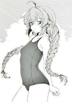 Rule 34 | 1girl, absurdres, ahoge, braid, breasts, closed mouth, collarbone, commentary, graphite (medium), greyscale, highres, itano chiharu, long hair, looking at viewer, monochrome, mushoku tensei, old school swimsuit, one-piece swimsuit, roxy migurdia, school swimsuit, small breasts, smile, solo, standing, swimsuit, thighs, traditional media, twin braids