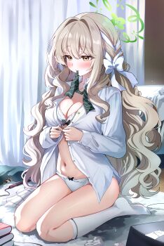 1girl absurdres bed_sheet blue_archive blush bow bow_bra bow_panties bra breasts brown_hair cleavage curtains green_halo hair_bow hair_intakes halo highres indoors kneehighs large_breasts long_hair long_sleeves miyo_(blue_archive) mouth_hold on_bed panties sak_(lemondisk) shirt socks solo underwear wavy_hair white_bow white_bra white_panties white_shirt white_socks yellow_eyes