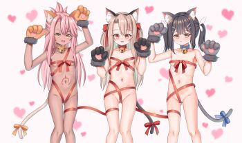 3girls absurdres animal_ears animal_hands bell black_hair breasts cat_ears chloe_von_einzbern collar commentary_request dark-skinned_female dark_skin fate/kaleid_liner_prisma_illya fate_(series) gloves hair_ornament hairclip highres illyasviel_von_einzbern jingle_bell loli long_hair looking_at_viewer miyu_edelfelt multiple_girls naked_ribbon navel open_mouth paid_reward_available paw_gloves pink_hair ray_peng red_eyes ribbon small_breasts stomach_tattoo tail tattoo twintails
