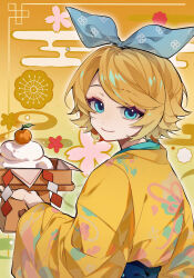 Rule 34 | 1girl, aqua bow, aqua eyes, bow, closed mouth, fluffy hair, food, fruit, gradient background, green background, hair bow, hair flaps, highres, holding, japanese clothes, kagamine rin, kimono, long sleeves, looking at viewer, looking back, orange (fruit), orange background, orange kimono, outline, page59, patterned clothing, short hair, smile, solo, swept bangs, upper body, vocaloid, white outline