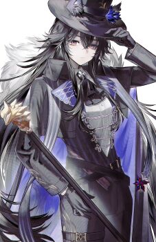 Rule 34 | 1girl, absurdres, animal ear fluff, animal ears, arknights, ascot, black ascot, black gloves, black hair, black hat, black jacket, black pants, black vest, blue cape, cane, cape, cowboy shot, cropped jacket, ears through headwear, frown, fur-trimmed cape, fur trim, gloves, grey shirt, hand up, hat, highres, holding, holding cane, jacket, jsjdndhidnshssj, long hair, looking at viewer, pants, pinstripe pattern, pinstripe vest, revision, shirt, simple background, solo, texas (arknights), texas the omertosa (arknights), texas the omertosa (il segreto della notte) (arknights), thigh strap, very long hair, vest, white background, wolf ears, yellow eyes