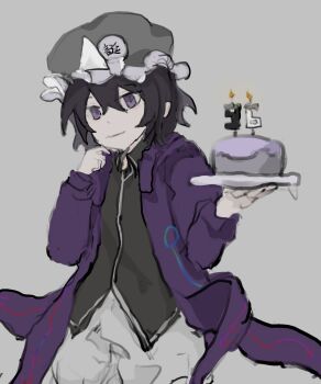 1other androgynous arrow_print birthday birthday_cake black_shirt cake candle chinese_commentary closed_mouth coattails collared_shirt commentary_request cowboy_shot dated detached_hood fire food frilled_headwear frilled_shorts frills grey_background grey_hat hair_between_eyes hand_on_own_chin happy hat highres holding holding_plate hood hood_down hooded_jacket jacket len&#039;en long_sleeves looking_ahead mob_cap open_clothes open_jacket other_focus plate print_jacket puffy_shorts purple_eyes purple_hair purple_jacket shirt shitodo_kuroji short_hair shorts simple_background smile solo standing suihha364253 triangular_headpiece white_shorts zipper