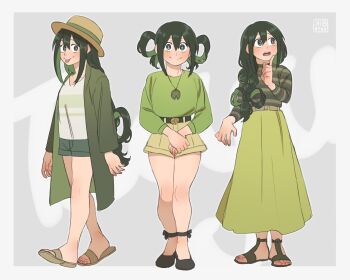 1girl :p alternate_hairstyle artist_logo asui_tsuyu bare_legs belt boku_no_hero_academia bow-shaped_hair casual closed_mouth coat finger_to_cheek flip-flops green_coat green_eyes green_hair green_skirt hair_over_shoulder highres index_finger_raised jewelry kibstar logo long_hair long_skirt looking_afar looking_at_viewer multiple_views necklace open_mouth sandals short_shorts shorts skirt smile standing toenails tongue tongue_out very_long_hair walking