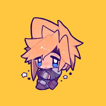 1boy armor black_gloves blonde_hair blue_eyes blue_jacket blush blym7oym7759061 boots brown_boots chibi chibi_only cloud_strife commentary crisis_core:_final_fantasy_vii final_fantasy final_fantasy_vii full_body gloves highres jacket looking_at_viewer male_focus official_alternate_costume open_mouth shinra_infantry_uniform short_hair shoulder_armor solo spiked_hair star_(symbol) symbol-only_commentary yellow_background