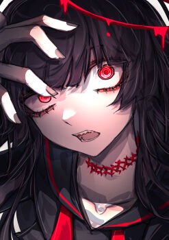 1girl 33_gaff absurdres black_hair black_nails black_sailor_collar black_serafuku black_shirt blood blood_halo blue_archive choker close-up collarbone commentary eyelashes fingernails hair_between_eyes halo hand_up highres liquid_halo long_hair looking_at_viewer open_mouth portrait red_choker red_eyes red_halo sailor_collar school_uniform serafuku sharp_teeth shirt solo teeth tsurugi_(blue_archive)