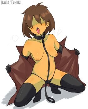 absurdres choker colored_skin deltarune genderswap genderswap_(otf) hair_over_eyes highres kris_(deltarune) leash nadia_toxinz thighhighs topless_female undressing utdr_(toby_fox) yellow_skin