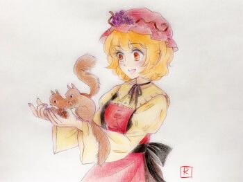 Rule 34 | 1girl, :d, acorn, aki minoriko, animal on arm, apron, back bow, black bow, blonde hair, blush, bow, commentary request, cowboy shot, food, grape hat ornament, hat, highres, holding, holding food, juliet sleeves, long sleeves, looking at animal, mob cap, one-hour drawing challenge, open mouth, puffy sleeves, q-bee (aaru), red apron, red eyes, red hat, shirt, short hair, smile, solo, squirrel, touhou, traditional media, white background, yellow shirt