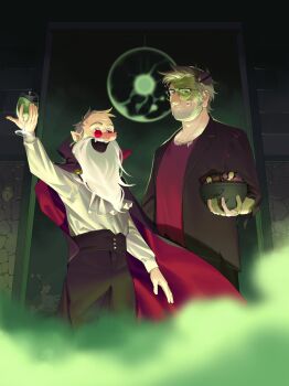 Rule 34 | 2boys, beard, beard stubble, blouse, bowl, bowl of candy, brooch, candy, cloak, colored smoke, crispyartdev, cup, drinking glass, facial hair, fangs, fiddleford mcgucket, food, ford pines, frills, from below, gravity falls, grey hair, grin, halloween, hand up, highres, holding, holding bowl, holding cup, hood, hood up, hooded cloak, jewelry, looking at viewer, male focus, multiple boys, pointy ears, popped collar, red-tinted eyewear, red shirt, round eyewear, shirt, shirt tucked in, smile, smoke, stitched face, stitches, stubble, tinted eyewear, white hair, wine glass