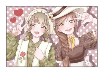 2girls absurdres anime_coloring apron back_bow bare_arms blunt_bangs border bow braid brown_background brown_dress brown_eyes brown_hair buttons collared_shirt commentary_request country_lolita dot_nose dress eyes_visible_through_hair flower frilled_apron frills green_eyes green_pastoral_(shining_nikki) green_shirt hair_flower hair_ornament hair_over_shoulder hair_tie hand_on_own_chest happy hat hat_flower heads_together headscarf heart highres joy_(shining_nikki) lace-trimmed_headwear lace_trim leaf light_blush lips lolita_fashion long_hair long_sleeves low_twintails multi-tied_hair multiple_girls nikki_(series) open_mouth pink_lips plaid_clothes plaid_shirt polka_dot polka_dot_background print_apron puffy_long_sleeves puffy_short_sleeves puffy_sleeves purple_flower red_flower scarf shadow shining_nikki shirt short_sleeves single_braid smile square_neckline sun_hat swept_bangs teeth tsumugi_(nikki_tumu) twintails upper_body upper_teeth_only v vertical-striped_sleeves white_apron white_border white_bow white_flower white_hat white_headscarf yellow_flower yellow_scarf