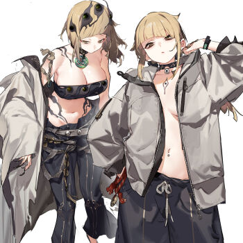 Rule 34 | absurdres, antique firearm, belt, blunderbuss, breasts, brown hair, character request, choker, cleavage, collarbone, copyright request, firearm, gebijiade 89, gun, highres, jacket, jewelry, large breasts, long hair, looking at viewer, navel piercing, no bra, pants, piercing, sidelocks, swept bangs, tattoo, weapon, white background