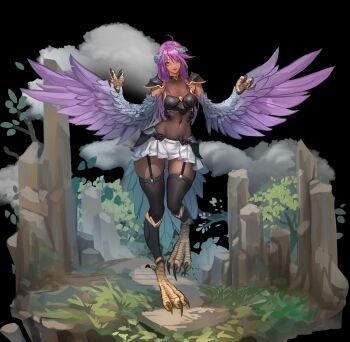 1girl ahoge armor bird_legs black_background black_bodystocking black_thighhighs blue_eyes breasts claws cloud commentary commission dark-skinned_female dark_skin english_commentary faulds flower garter_straps gradient_wings harpy highres lips looking_at_viewer miniskirt monster_girl multicolored_wings navel original outdoors pauldrons pink_hair pleated_skirt purple_flower ronjou14 shoulder_armor skirt small_breasts solo talons thighhighs white_skirt wide_hips winged_arms wings zettai_ryouiki