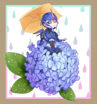 1girl arcee arcee_(prime) blue_eyes blue_flower flower helmet highres holding holding_umbrella humanoid_robot jijing5658 mechanical_wings no_humans robot robot_girl sitting transformers transformers_prime umbrella wings