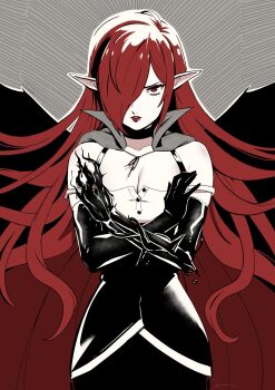 1girl black_sleeves breasts cleavage commentary detached_sleeves eightyfourart eyelashes grey_background hair_over_one_eye highres long_hair original parted_lips pointy_ears red_eyes red_lips solo standing v-shaped_eyebrows