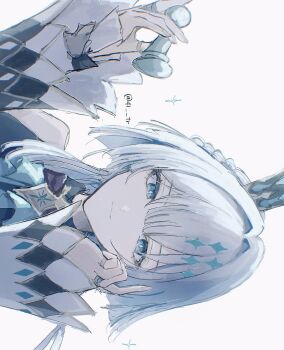 1girl 41_tr :3 argyle_clothes argyle_sleeves artist_name artistic_error ascot black_ascot black_bow black_bowtie blue_eyes blue_hair bow bowtie braid bright_pupils cerydra_(honkai:_star_rail) chess_piece closed_mouth crown detached_sleeves diamond-shaped_pupils diamond_(shape) hair_intakes half_crown_braid halterneck hand_on_own_face hands_up head_rest highres holding holding_chess_piece honkai:_star_rail honkai_(series) index_finger_raised jewelry light_smile long_sleeves looking_at_viewer medium_hair middle_ring mini_crown multiple_rings pawn_(chess) pinky_ring portrait ring sideways simple_background single_bare_shoulder sleeveless solo sparkle symbol-shaped_pupils thumb_ring twitter_username white_background white_hair white_pupils