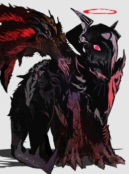 absol absurdres animal_focus asymmetrical_horns black_fur black_hair body_fur claws closed_mouth gen_3_pokemon hair_over_one_eye halo highres horns looking_at_viewer mega_absol_z mega_pokemon nintendo no_humans one_eye_covered pokemon pokemon_(creature) pokemon_focus red_eyes red_halo red_wings simple_background solo sukepmonster uneven_horns wings