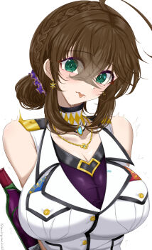 Rule 34 | ahoge, blush, bottle, braid, breast pocket, breasts, brown hair, chamumi (mochiumee), choker, female admiral (kancolle), folded ponytail, gloves, green eyes, highres, jacket, jewelry, kantai collection, large breasts, looking at viewer, military uniform, mole, mole under mouth, necklace, open mouth, pocket, sidelocks, sleeveless, tongue, tongue out, white choker, white jacket, wine bottle