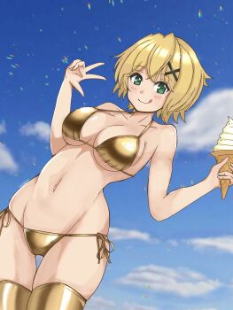 1girl :q akatsuki_kirika bikini blonde_hair blue_sky blush breasts cloud collarbone commentary_request day eyelashes food gold_bikini gold_thighhighs green_eyes hair_ornament highres holding holding_food holding_ice_cream holding_ice_cream_cone ice_cream ice_cream_cone mede0905 navel senki_zesshou_symphogear short_hair side-tie_bikini_bottom sky smile solo stomach swimsuit tongue tongue_out w