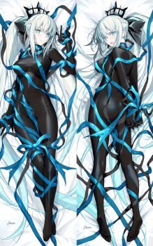 1girl arms_behind_back ass back black_bodysuit black_bow black_ribbon blue_eyes blue_ribbon blush bodysuit bow braid breasts closed_mouth commentary_request covered_navel dakimakura_(medium) fate/grand_order fate_(series) full_body grey_hair hair_bow highres kousaki_rui large_breasts long_hair looking_at_viewer looking_back morgan_le_fay_(fate) morgan_le_fay_(third_ascension)_(fate) multiple_views open_mouth ponytail ribbon sidelocks stomach_tattoo tattoo thighs tiara very_long_hair