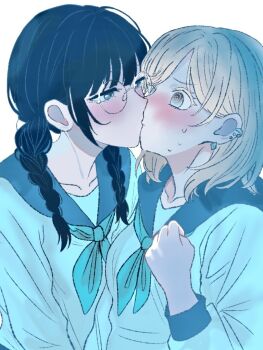 2girls @_@ black_hair blonde_hair blue_neckerchief blue_sailor_collar blush braid chiaki_(abc126497434674) commentary_request ear_piercing glasses kiss looking_at_another multiple_girls neckerchief original piercing sailor_collar school_uniform serafuku shirt short_hair simple_background sweat twin_braids white_background white_shirt yuri