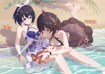 Rule 34 | 2girls, absurdres, alset, barefoot, beach, black dress, blue eyes, blue hair, breasts, cleavage, cleavage cutout, clothing cutout, commentary request, crab, dress, dual persona, highres, honkai (series), honkai impact 3rd, lying, medium breasts, multiple girls, octopus, on stomach, red eyes, red hair, sand, seele (alter ego), seele vollerei, seele vollerei (stygian nymph), seele vollerei (stygian seafoam), soles, starfish, swimsuit, the pose, toes, water, white dress