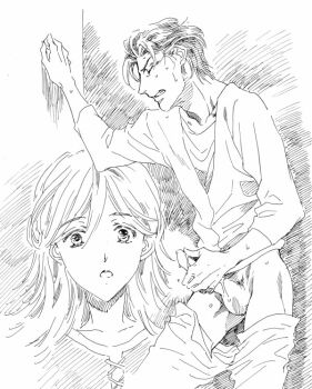 1boy 1girl bigeroo_(shangmerry) clenched_teeth closed_eyes clothes_pull commentary_request couple cowboy_shot cum dragon_quest dragon_quest_builders_2 hair_slicked_back hatching_(texture) hetero hiisu_(dqb2) interrupted long_hair male_masturbation masturbation monochrome pants pants_pull partially_undressed penis saffron_(dqb2) short_hair sketch surprised sweat teeth upper_body