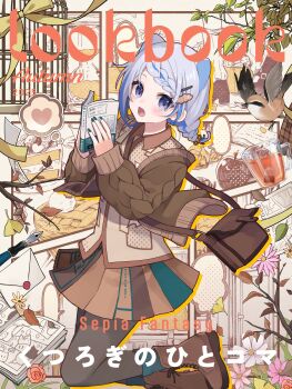 1girl 2025 absurdres animal_ears aqua_nails autumn bilingual_text bird birdcage blue_hair blush book braid brown_bag brown_shirt brown_shoes brown_skirt cage cake cake_slice collared_shirt colored_inner_hair commentary cover english_text envelope fake_animal_ears fake_cover fingernails flower food full_body glass grey_hair grey_pantyhose hair_ornament hairclip heart highres holding holding_book hourglass ice_cream iriam leaf looking_at_viewer miria_(iriam) mixed-language_text multicolored_hair nail_polish nib_pen_(object) orange_flower pantyhose pen pie pink_flower purple_eyes second-party_source shirase_(shirose) shirasu_(iriam) shirt shoes skirt sleeves_past_wrists solo speech_bubble streaked_hair symbol-only_commentary tongue two-tone_hair white_flower yellow_flower