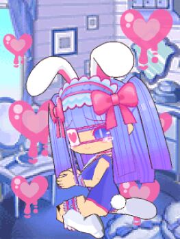1girl 3d animal_ears animated animated_gif blinking blush bow eyepatch fancy-pink hands_up headdress heart holding indoors jigyakuna_(hecktop) kneehighs legband light_smile long_hair looking_at_viewer looking_back lowres melting mirror picture_frame pink_bow purple_eyes purple_hair rabbit_ears rabbit_girl rabbit_tail smile socks tail tears tororin_time white_socks window