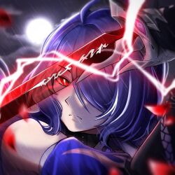 Rule 34 | 1girl, acheron (honkai: star rail), ahoge, bandaged arm, bandages, bare shoulders, black choker, bright pupils, chain, chain around arm, choker, commentary, electricity, english commentary, frown, full moon, hair intakes, highres, holding, holding sword, holding weapon, honkai: star rail, honkai (series), looking down, moon, multicolored hair, nexaii, portrait, purple hair, rain, red eyes, red petals, solo, streaked hair, sword, weapon, white pupils