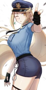 1girl absurdres alternate_costume amausa_subee black_gloves black_necktie blonde_hair blue_hat blue_shirt breasts commentary_request contemporary cowboy_shot cuffs earrings finger_gun fingerless_gloves fishnet_thighhighs fishnets from_side gloves handcuffs hat highres jewelry large_breasts long_hair mythra_(xenoblade) necktie one_eye_closed parted_lips peaked_cap police police_hat police_uniform policewoman shirt shirt_tucked_in short_shorts shorts solo thighhighs very_long_hair white_background xenoblade_chronicles_(series) xenoblade_chronicles_2 yellow_eyes