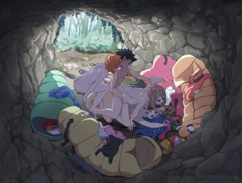 1boy 3girls ash_ketchum ass bandana baseball_cap beanie bike_shorts black_hair black_shirt black_shorts black_socks blue_eyes blue_hair boots breasts brown_hair cave commentary_request completely_nude cum cum_on_body cum_on_hair cup dawn_(pokemon) folded french_kiss girl_on_top green_shorts group_sex harem hat hetero holding holding_cup kiss kneehighs long_hair may_(pokemon) misty_(pokemon) multiple_girls nintendo nude on_ground orange_hair paid_reward_available pink_boots pink_skirt pokemon pokemon_(anime) pokemon_(classic_anime) pokemon_dppt_(anime) pokemon_journeys pokemon_rse_(anime) pout red_bandana red_shirt sex shirt short_hair shorts side_ponytail skirt sleeveless sleeveless_shirt socks suspender_shorts suspenders toiro_gawon unworn_clothes white_hat