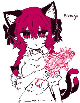 1girl animal_ears bow braid cat_ears cat_girl cat_tail english_text fish hair_between_eyes hair_bow highres kaenbyou_rin lightning multiple_tails partially_colored pointy_ears rampa93 red_eyes red_hair shirt short_sleeves side_braids simple_background slit_pupils solo tail touhou twin_braids two_tails