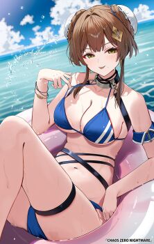 1girl bare_shoulders bikini black_choker blue_bikini braid braided_bun breasts brown_hair bun_cover chaos_zero_nightmare character_request choker cleavage closed_mouth copyright_name day double_bun green_eyes hair_bun hair_ornament halterneck hand_up highres innertube knees_up large_breasts long_hair looking_at_viewer mole mole_on_breast mole_under_mouth motto_(night_wear) navel ocean official_art outdoors pulling_own_clothes second-party_source skindentation smile solo stomach strap_pull string_bikini swim_ring swimsuit thigh_strap thighs tongue tongue_out wet