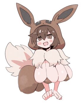 1girl alternate_breast_size_(larger) breasts cosplay eevee eevee_(cosplay) gen_1_pokemon highres huge_breasts kurachi_mizuki nintendo oppai_loli poke_kid_(pokemon) pokemon pokemon_swsh simple_background solo white_background