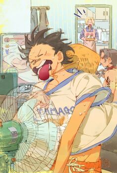 3boys apron arm_tattoo bandaid bandaid_on_face bandaid_on_nose black_hair blue_shirt brothers chinese_commentary closed_eyes commentary_request controller electric_fan freckles game_controller highres holding holding_controller holding_game_controller male_focus monkey_d._luffy multiple_boys one_piece pink_apron portgas_d._ace sabo_(one_piece) shirt short_hair siblings siyangou49 tattoo tongue tongue_out